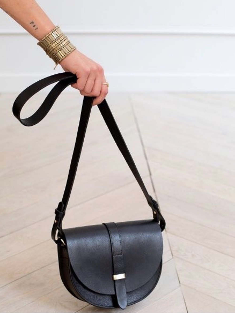 Sezane Vintage Sac Claude Black Leather Saddle Bag